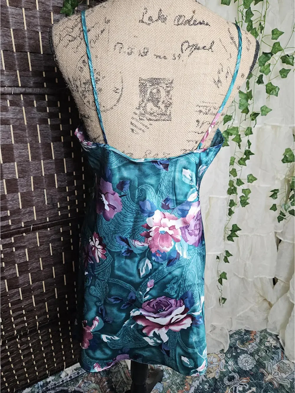 Vintage Satin Slip and Robe Set Teal Floral Lingerie Set - Picture 5 of 7